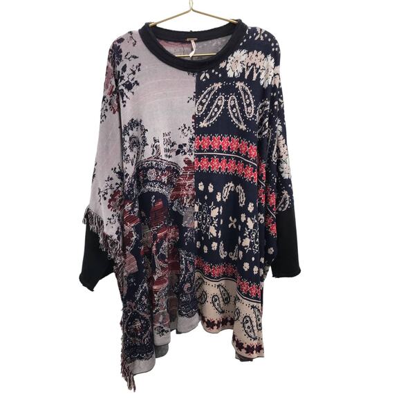 Free People Paisley Oversized Dolman Sleeve Blanket Fringe Sweater Size M/L - Picture 1 of 10